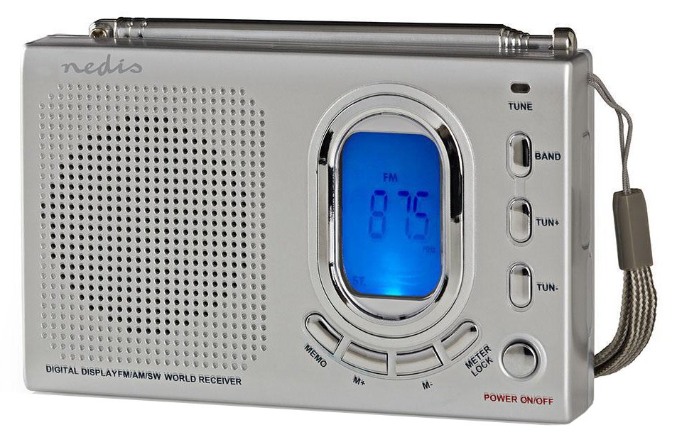 NEDIS přenosné rádio/ AM/ FM/ SW/ napájení z baterie/ síťové napájení/ digitální/ 1.5 W/ budík/ časovač vypnu RDWR1000GY