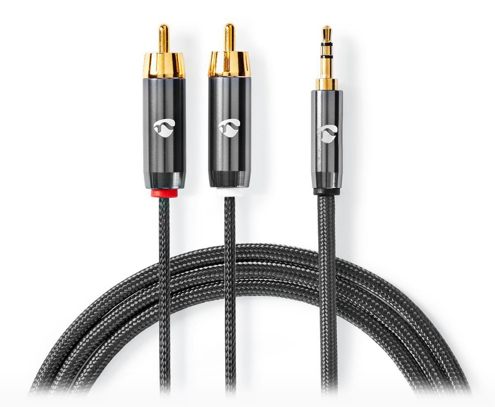 NEDIS PROFIGOLD stereo audio kabel/ 3,5 mm jack zástrčka - 2x RCA zástrčka/ bavlna/ šedý/ BOX/ 1m CATB22200GY10