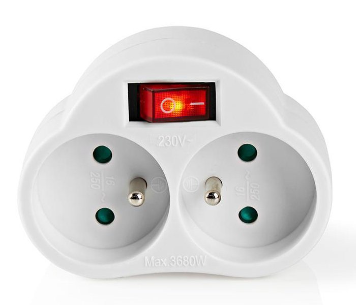 NEDIS síťový rozbočovač/ 2x zásuvka typu E (s kolíkem)/ 250 V AC 50/60 Hz/ 16 A/ 3500 W/ vypínač/ bílý PSSPL202SEWT