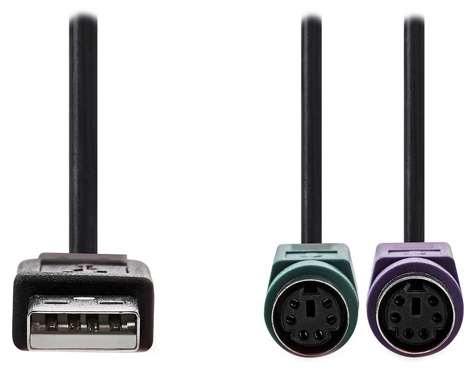 NEDIS USB 2.0 kabel 2v1/ zástrčka USB-A/ 2x zásuvka PS/2/ 480 Mbps/ poniklovaný/ kulatý/ PVC/ Box/ černý/ CCGB60830BK03