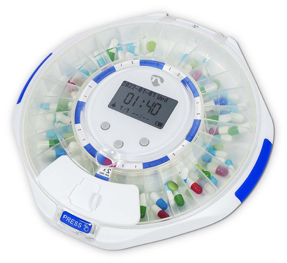 NEDIS Wi-Fi chytrý dávkovač pilulek/ 28 přihrádek/ počet časů poplachu: 9 budíků za den/ Hlas / Pípnutí / Svě WIFIPD10WT