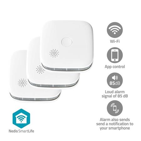 NEDIS Wi-Fi chytrý detektor kouře/ napájení z baterie/ hlasitost 85 dB/ výdrž snímače 10 let/ Android/ iOS/ WIFIDS21WT3