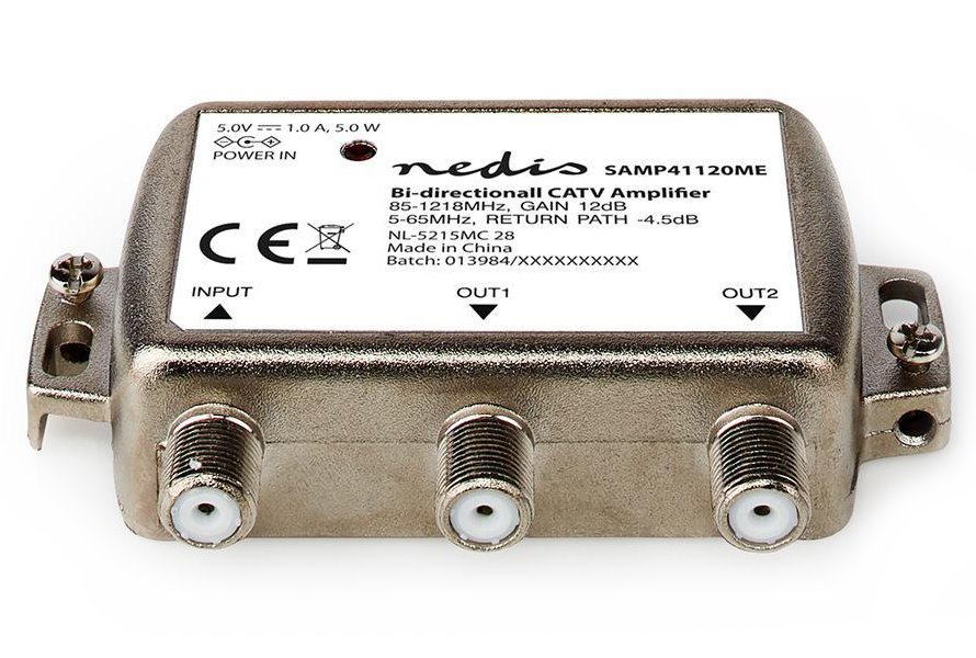 NEDIS zesilovač CATV/ maximální zesílení 12dB/ 85-1218 MHz/ 2 výstupy/ zpětný kanál - 4,5 dB/ 5-65 MHz/ kone SAMP41120ME
