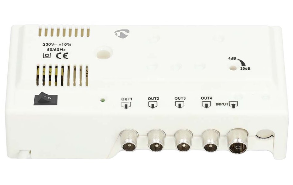 NEDIS zesilovač CATV/ maximální zesílení 20 dB/ 47 - 694 MHz/ 4 výstupy/ konektor IEC/ bílý SAMP42244WT