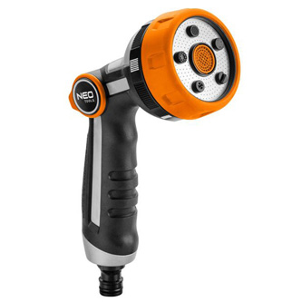 NEO TOOLS pištoľový rozprašovač s reguláciou prúdu 5 funkcií, ZAP/VYP palcom, oranžovo-čierna, 15-7 15-708