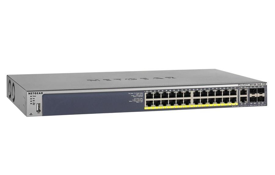 NETGEAR M4100-26G-PoE - Přepínač - L2+ - řízený - 26 x 10/100/1000 + 4 x sdílený SFP - desktop, Lze GSM7226LP-100NES