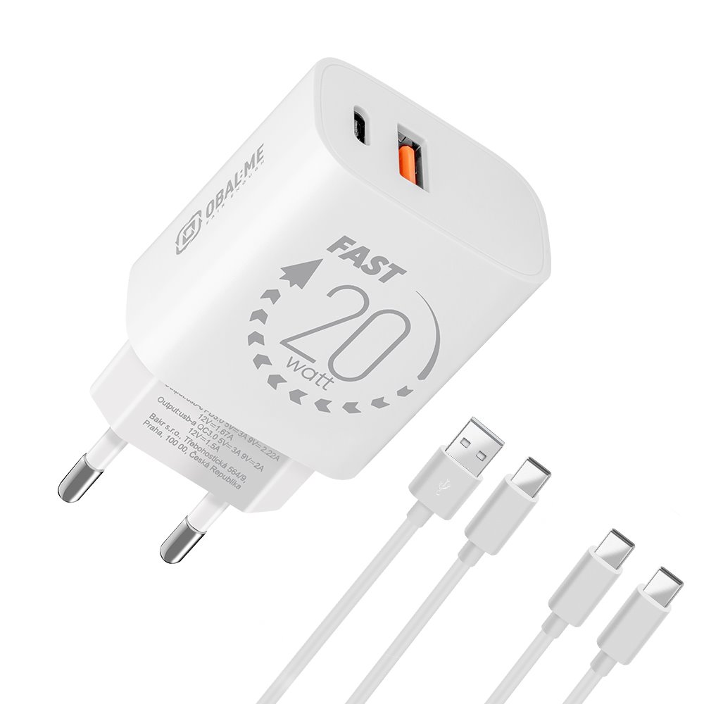 OBAL:ME Cestovní Nabíječka USB-A + USB-C 20W + 2x kabel 1m White 8596311273469