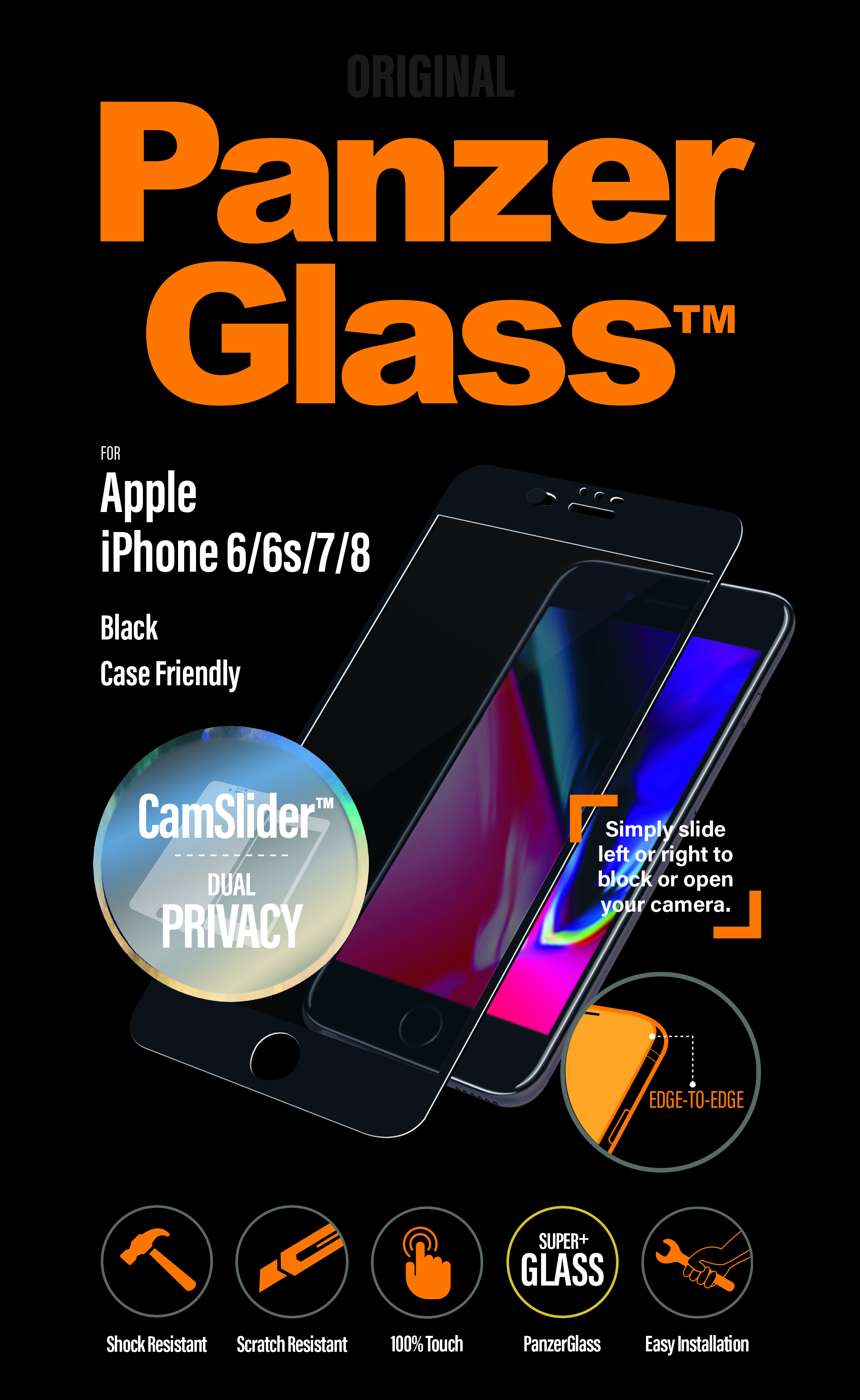 PanzerGlass - Tvrdené sklo Privacy, CamSlider pre iPhone 8/7/6S/6, čierna P2650