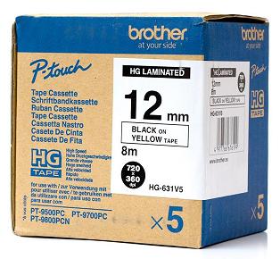 Páska Brother 12mm Black/Yellow (5 ks) High Grade Tape HGE631V5