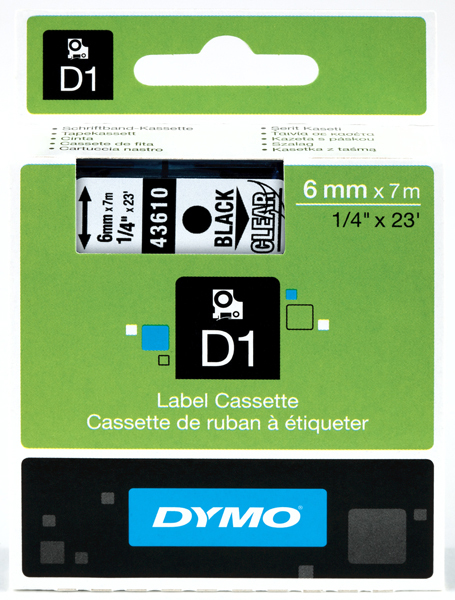 páska DYMO 43610 D1 Black On Transparent Tape (6mm) S0720770