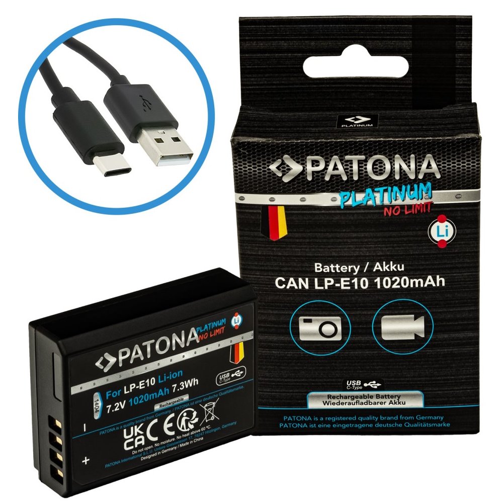 PATONA baterie pro foto Canon LP-E10 1020mAh Li-Ion Platinum USB-C nabíjení PT1404