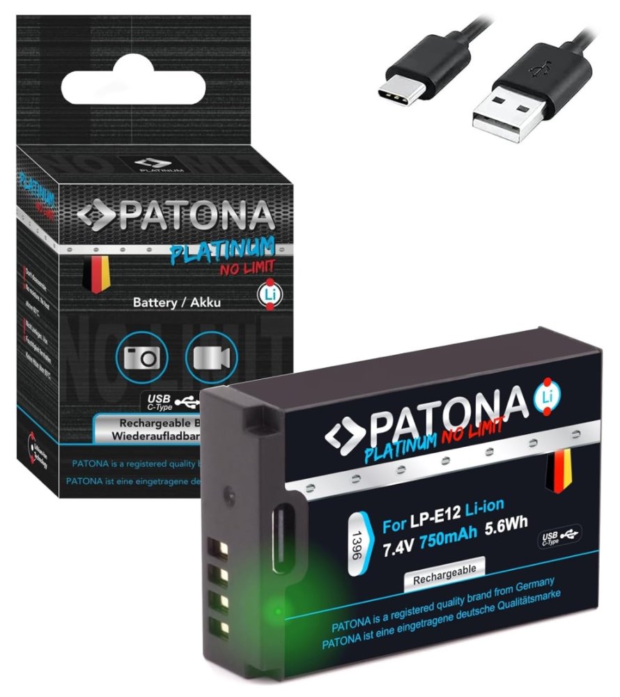 PATONA baterie pro foto Canon LP-E12 750mAh Li-Ion Platinum USB-C nabíjení PT1396