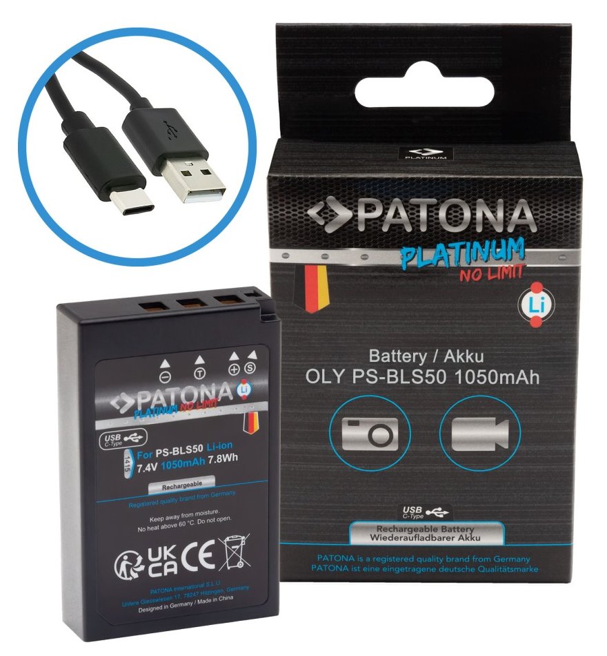 PATONA baterie pro foto Olympus BLS-5/BLS5 1050mAh Li-Ion Platinum USB-C nabíjení PT1415