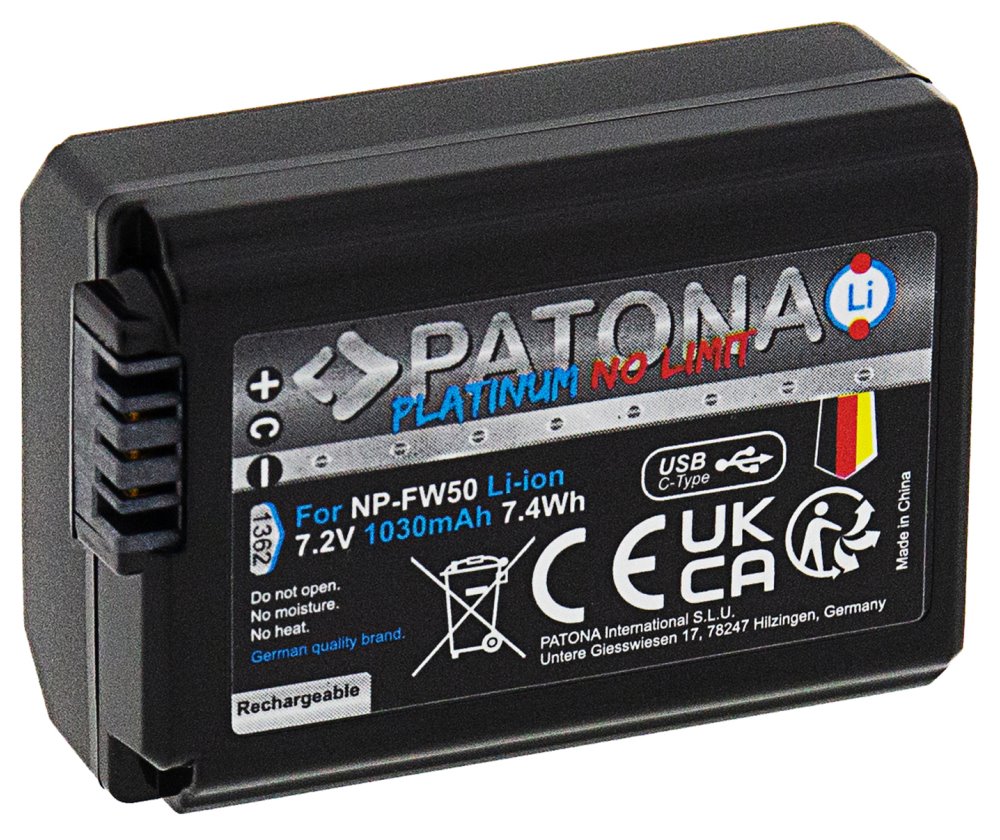 PATONA baterie pro foto Sony NP-FW50 1030mAh Li-Ion Platinum USB-C nabíjení PT1362