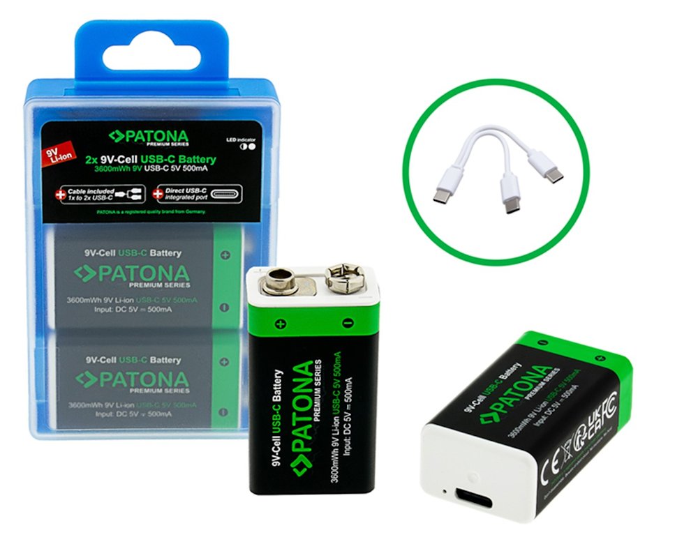 PATONA nabíjecí baterie 6F22/LR22 Li-lon 400mAh 9V s USB-C nabíjením, 2ks v balení PT1413