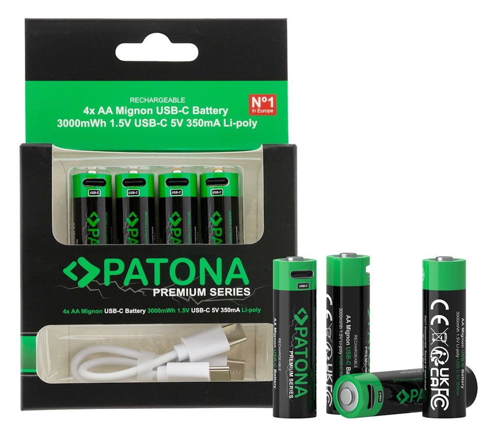 PATONA nabíjecí baterie AA/LR6 Li-Pol 2000mAh 1,5V s USB-C nabíjením, 4ks v balení PT1410