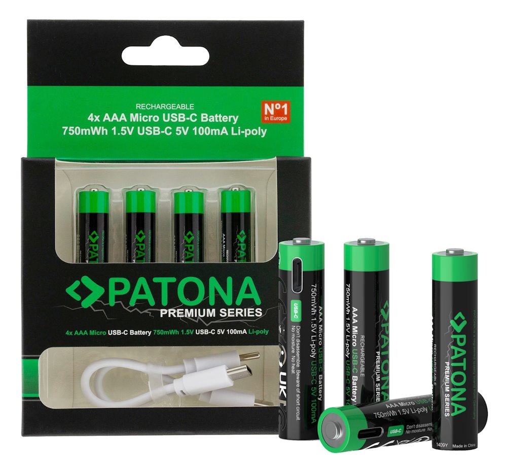 PATONA nabíjecí baterie AAA/LR03 Li-Pol 500mAh 1,5V s USB-C nabíjením, 4ks v balení PT1409
