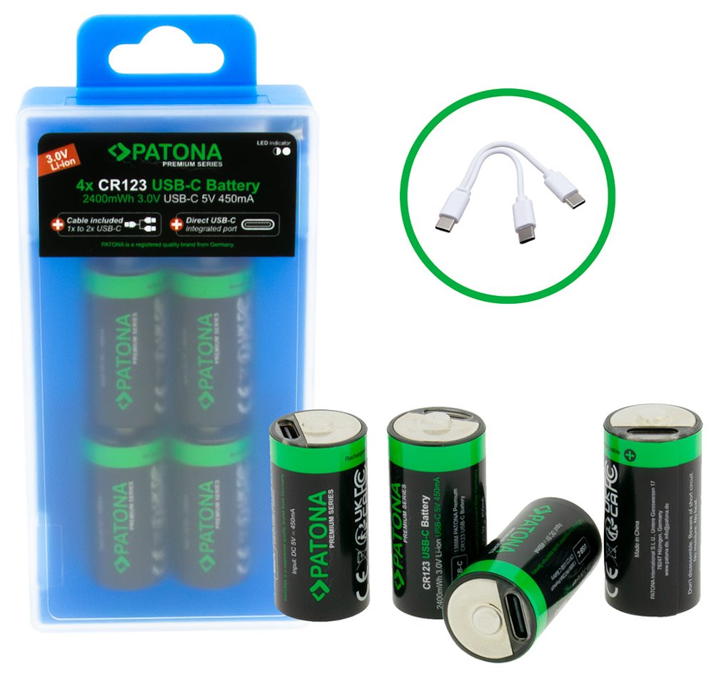 PATONA nabíjecí baterie CR123A Li-lon 800mAh 3,7V s USB-C nabíjením, 4ks v balení PT1388