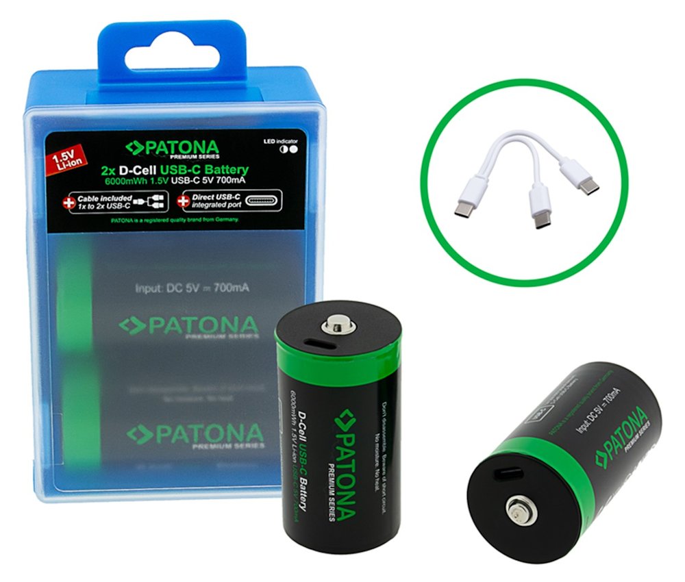 PATONA nabíjecí baterie LR20 mono D Li-lon 4000mAh 1,5V s USB-C nabíjením, 2ks v balení PT1412