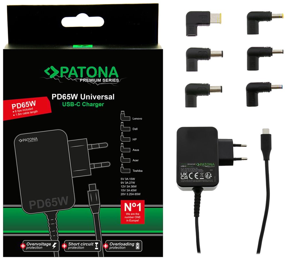 PATONA napájecí adaptér k ntb/ 18,5-20V 65W/ 6 konektorů/ UNI/ USB-C/ Power delivery PT2649