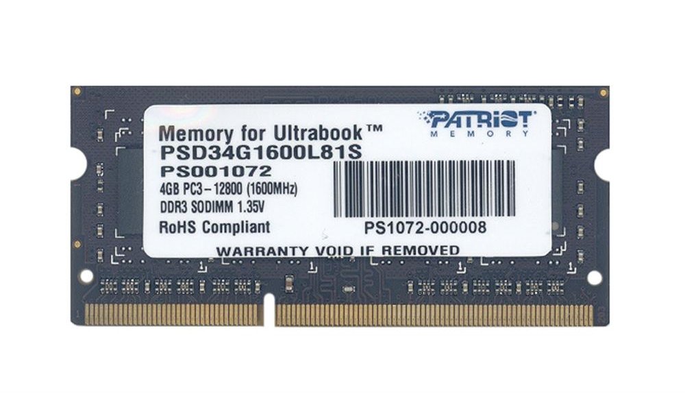 PATRIOT Ultrabook 4GB DDR3 1600MHz / SO-DIMM / CL11 / PC3-12800 PSD34G1600L81S