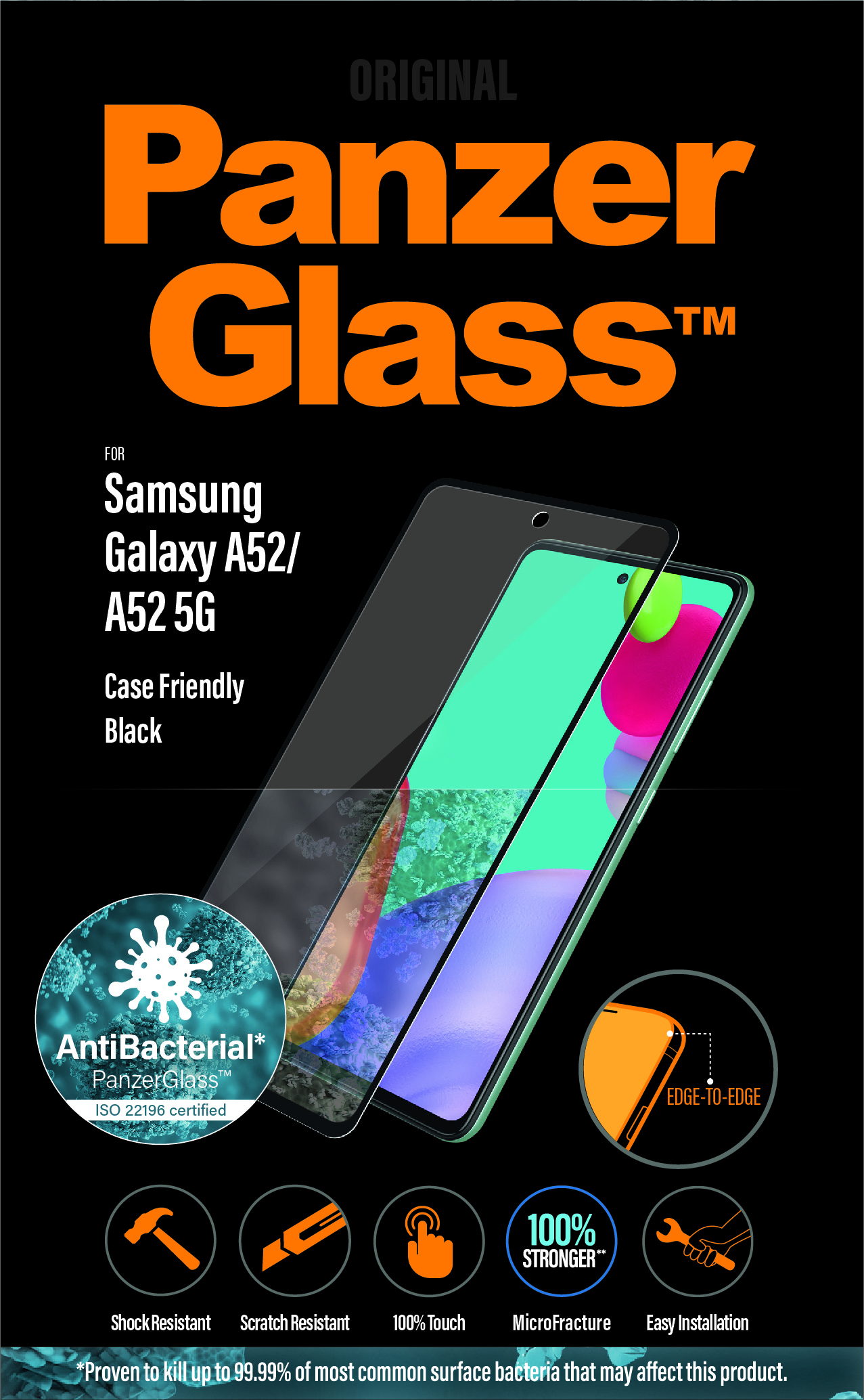 PG Samsung Galaxy A52 Black, PanzerGlass Samsung Galaxy A52 Case Friendly AntiBacterial cerne 7253