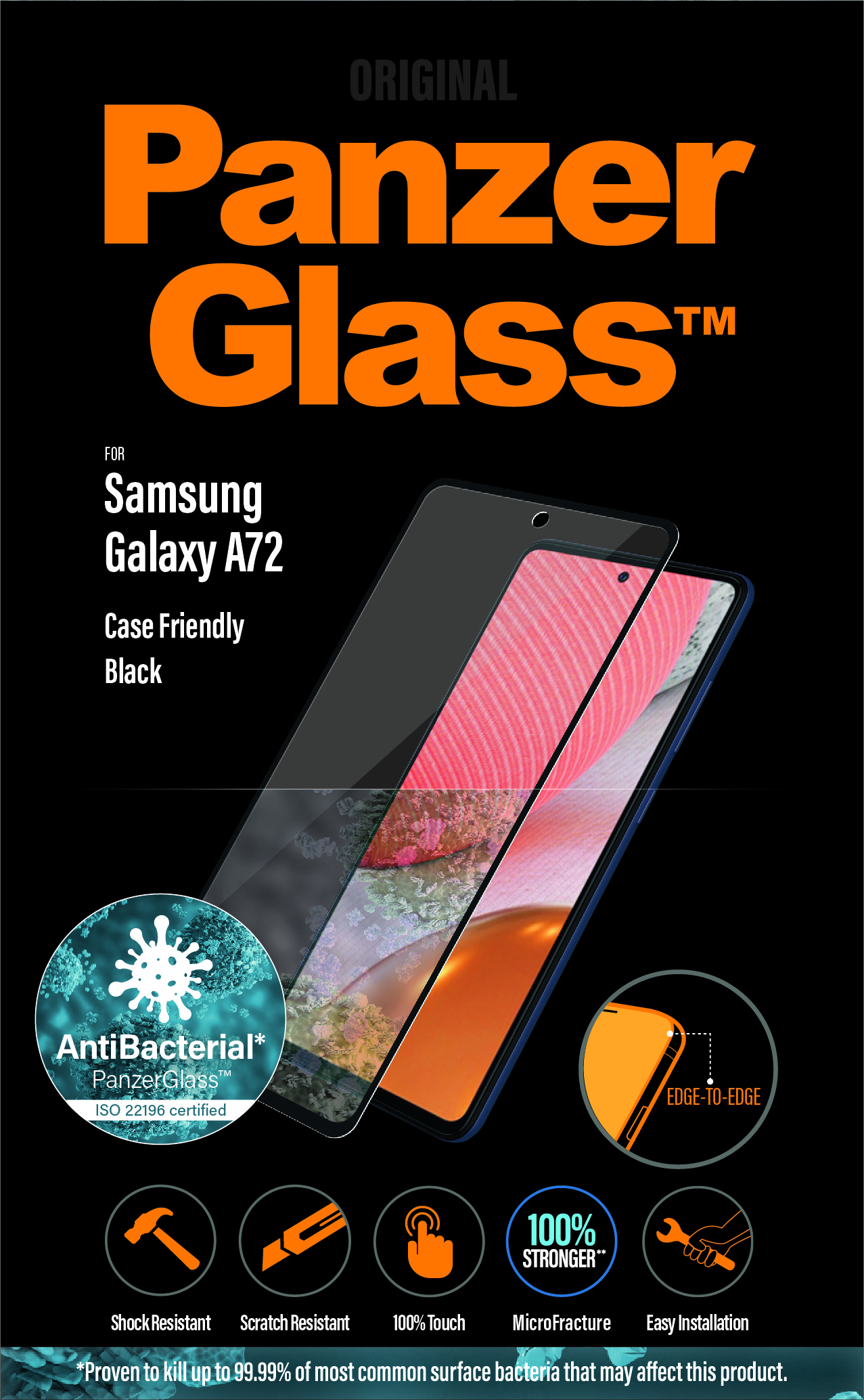PG Samsung Galaxy A72 Black, PanzerGlass Samsung Galaxy A72 Case Friendly AntiBacterial cerne 7255