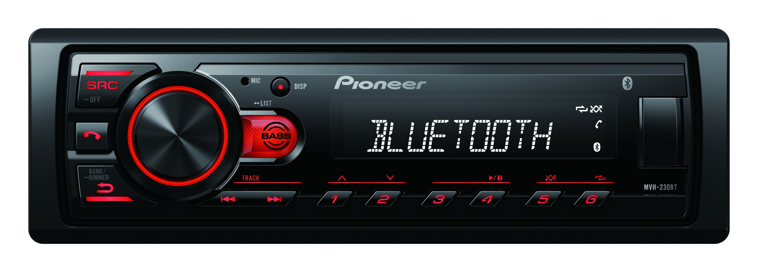 Pioneer MVH-230 autorádio s USB a Bluetooth s integrovaným mikrofonem červené MVH-230BT