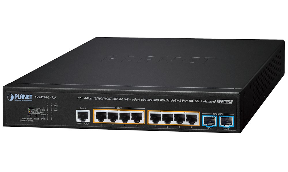 Planet AVS-4210-8HP2X managed AV switch, 8x1Gb, 2x10Gb SFP+, 4x PoE 802.3at + 4x PoE 802.3bt 240W, 0~50°C , QoS