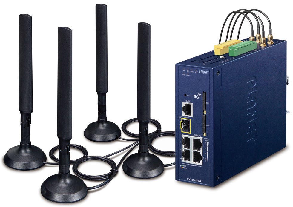 Planet dual 5G/LTE bezpečnostní brána, 2xWAN + 3xLAN/1xSFP, DI/DO, GPS, DIN, IP30, -40/+75°C, dual 9-54VDC ICG-2515F-NR