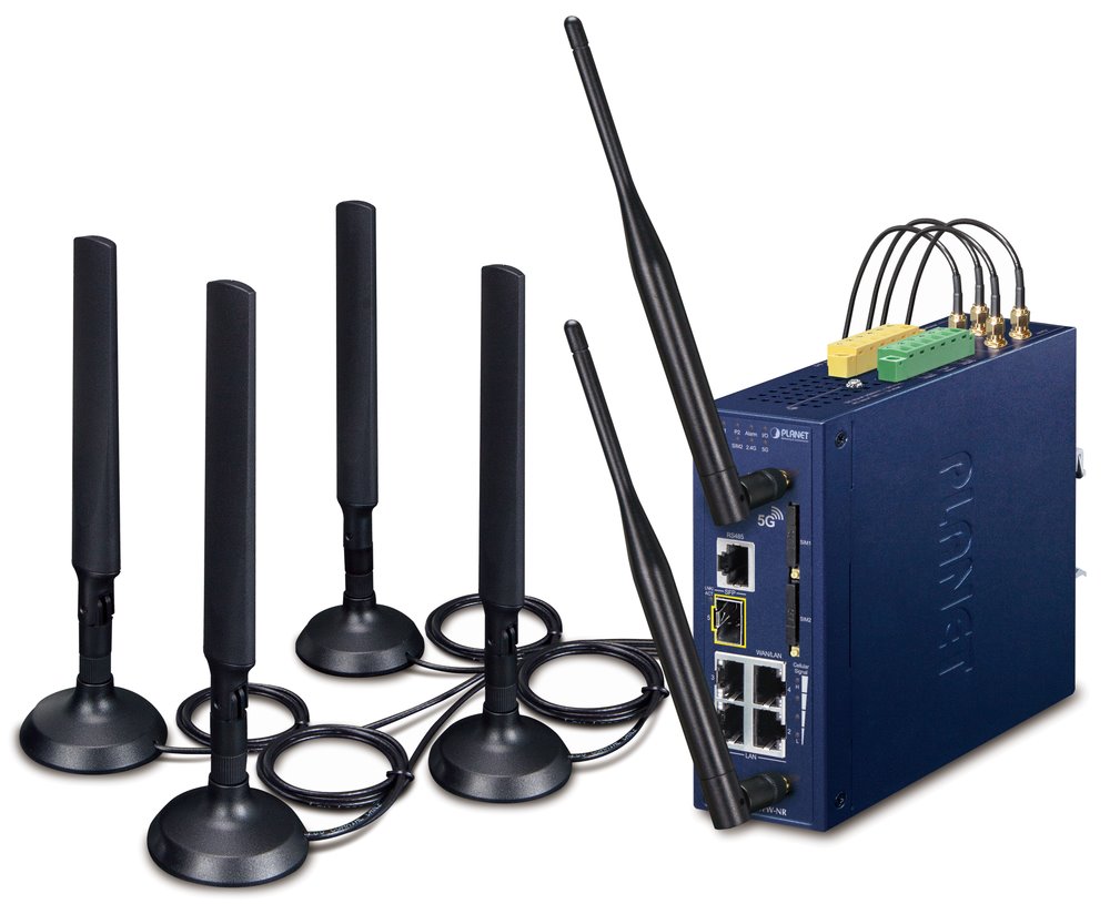 Planet dual 5G/LTE bezpečnostní brána, 2xWAN + 3xLAN/1xSFP, DI/DO, GPS, WiFi, DIN, IP30, -45/+75°C, dual 9 ICG-2515FW-NR