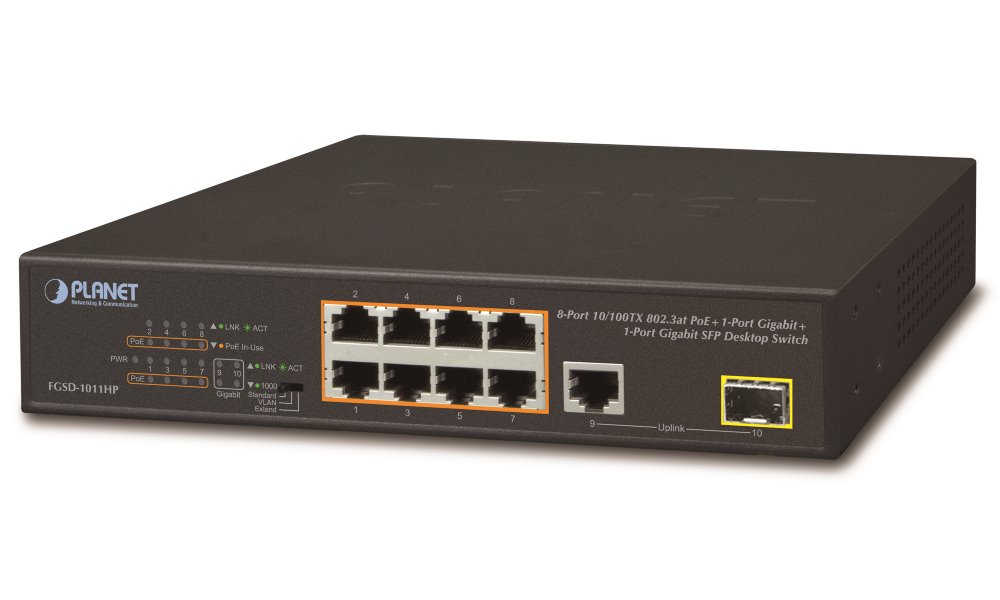 Planet FGSD-1011HP PoE switch, 8x 10/100 PoE, 1x TP + 1x SFP 1000Base-X, extend mód 10Mb, ESD, 802.3at 120W