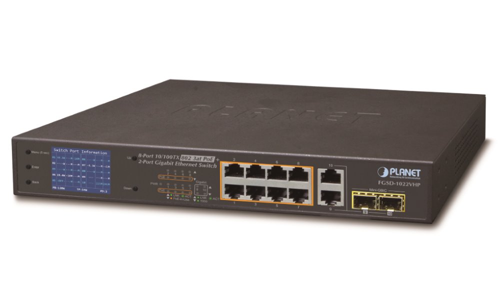 PLANET FGSD-1022VHP 8-Port 10/100TX 802.3at PoE + 2-Port Gigabit TP/SFP combo Desktop Switch with LCD PoE Monitor (120W
