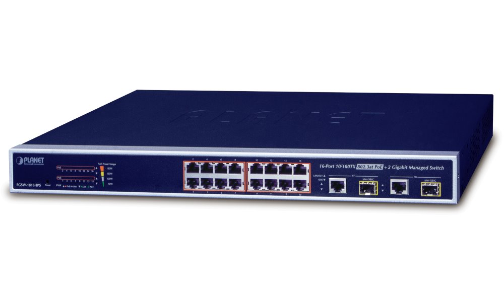 Planet FGSW-1816HPS PoE switch 16x 100-TX, 2x 1000-T/SFP, PoE 802.3at 30/220W, Web/SNMP, STP/RSTP, ext 1 FGSW-1816HPS-V2