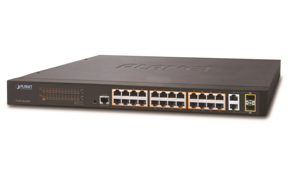 Planet FGSW-2624HPS PoE switch 24x 100-TX, 2x 1000-T/SFP, Web/SNMP, STP/RSTP, IGMPv2, 220W