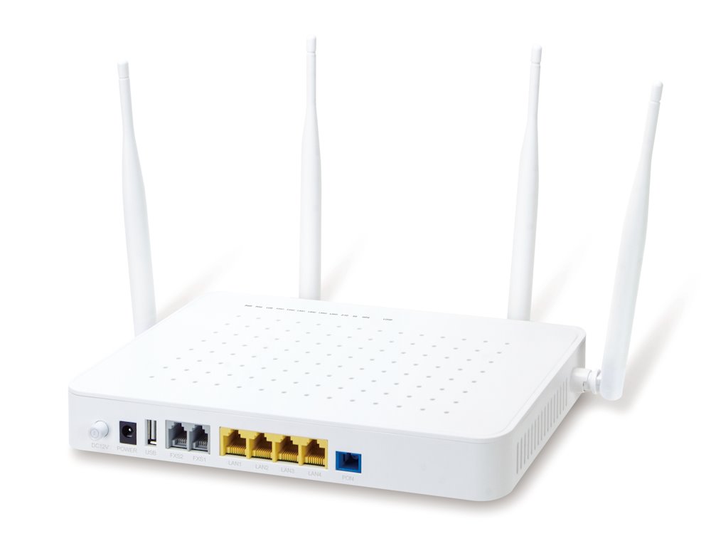 PLANET GPON ONT 2.5G, 4x 1Gb RJ45, WiFi 802.11ac 1.2Gb, 2x FXS, USB GPN-400ACV