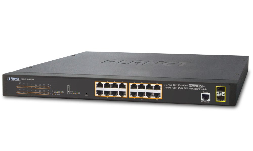 PLANET GS-4210-16P2S Switch 16x 10/100/1000 PoE+ + 2x 100/1000 SFP, 220W, WebSmart/SNMP, kov