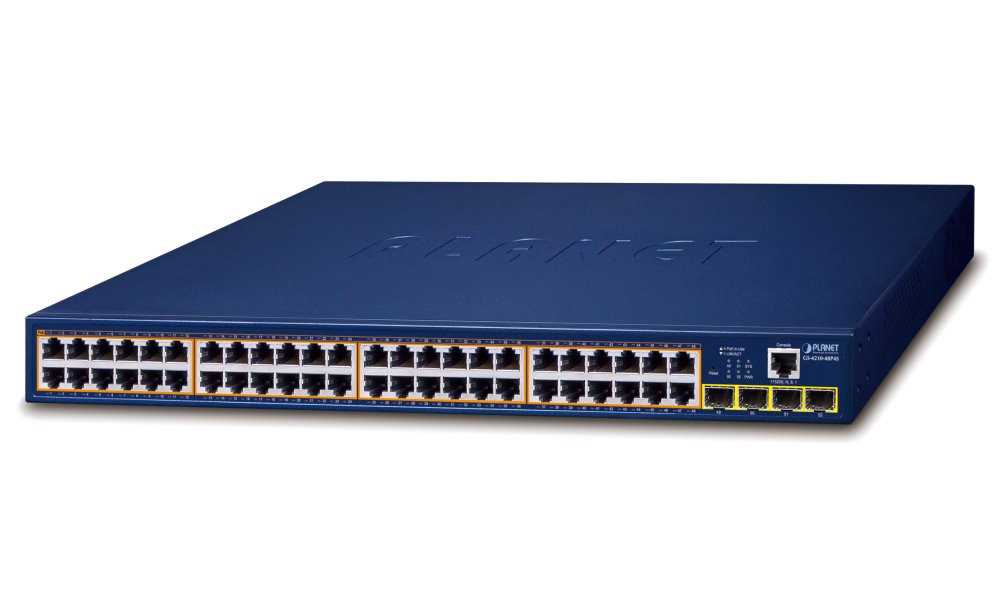Planet GS-4210-48P4S PoE switch L2/L4, 48x 1000Base-T, 4x SFP, Web/SNMPv3, extend 10Mb/s, 802.3at 600W GS-4210-48P4S-V3