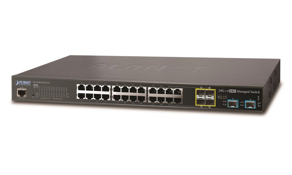 Planet GS-5220-20T4C4X, L2/L3 10Gb switch 24x 1Gb TP, 2x 10G SFP+, 4x 1Gb SFP, Web/SNMPv3