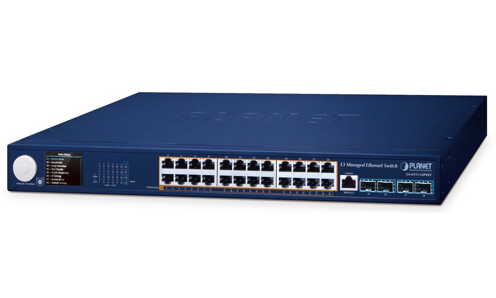 Planet GS-6311-24P4XV L3 switch, 24x1Gb, 4x10Gb SFP+, 24x PoE 802.3at 370W, 0~50°C , QoS, Smart LCD