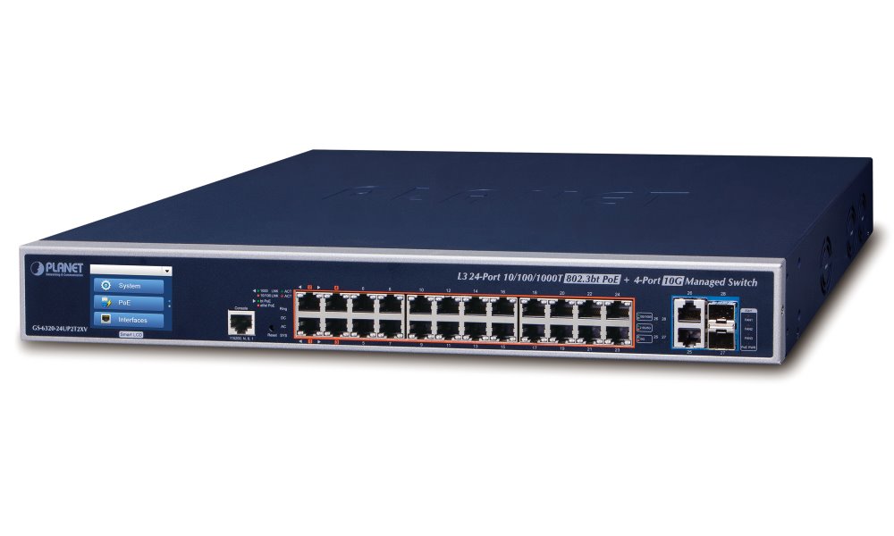 Planet GS-6320-24UP2T2XV L3 switch 24x 1000Base-T, 2x 10GBASE-T, 2x SFP+, PoE 802.3bt 600W, IPstack, touch LCD,dualpowe