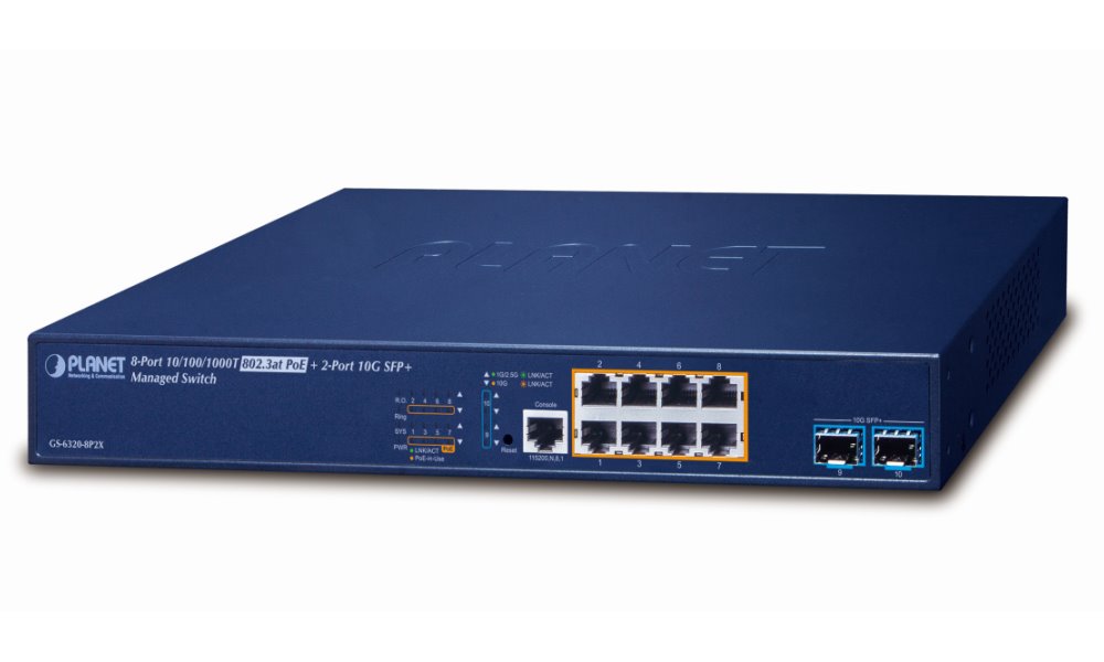 Planet GS-6320-8P2X L3 PoE switch 8xGE, 2x 10G SFP+, PoE 802.3at 30/120W, IPstack