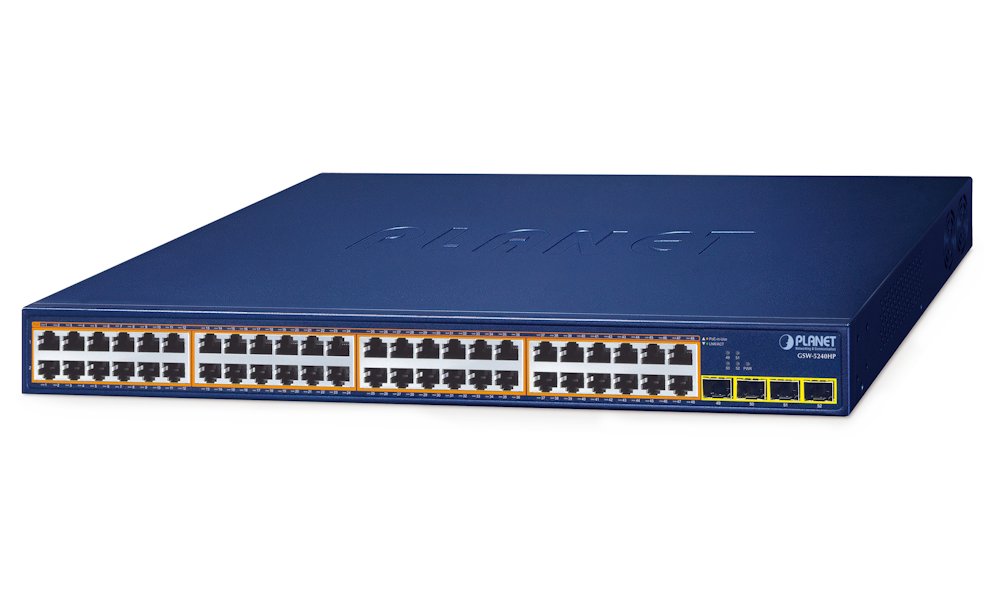 Planet GSW-5240HP L2 switch, 48x1Gb, 4x1Gb SFP, 48x1G 802.3at PoE+ 370W, 0~50°C