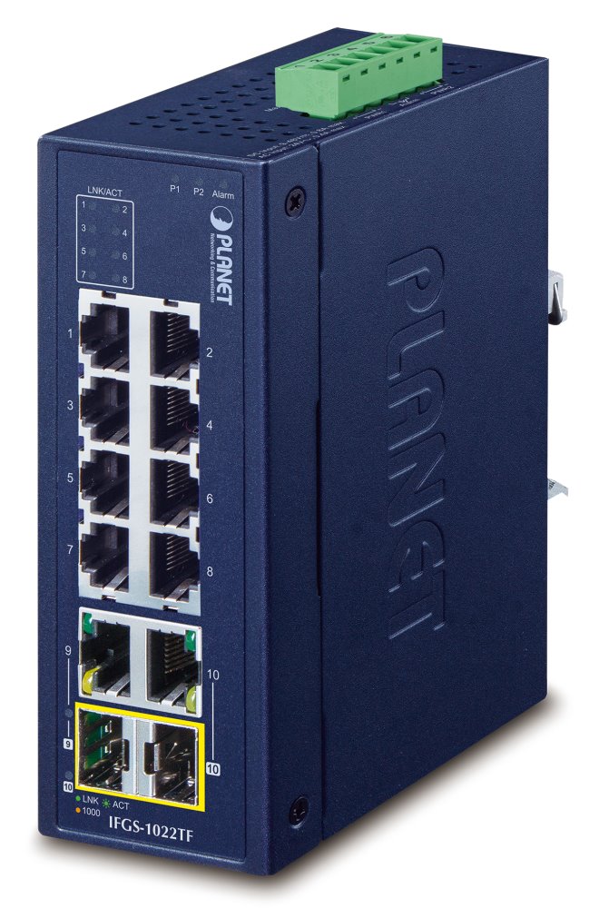 Planet IFGS-1022TF průmyslový switch, 8x100M + 2x 1Gb/SFP, -40 až 75st.C, 9-48VDC, IP30, fanless