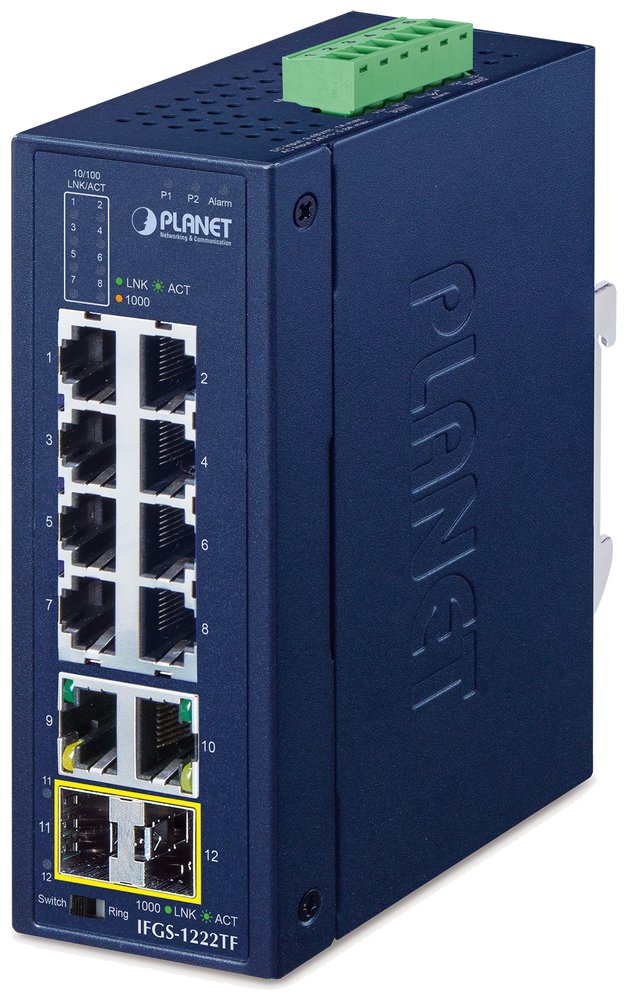 Planet IFGS-1222TF průmyslový L2 switch, 8x 10/100TX, 2x 1Gb, 2x 1Gb SFP, -40~75°C, 9-48VDC, IP30, fanless, RING