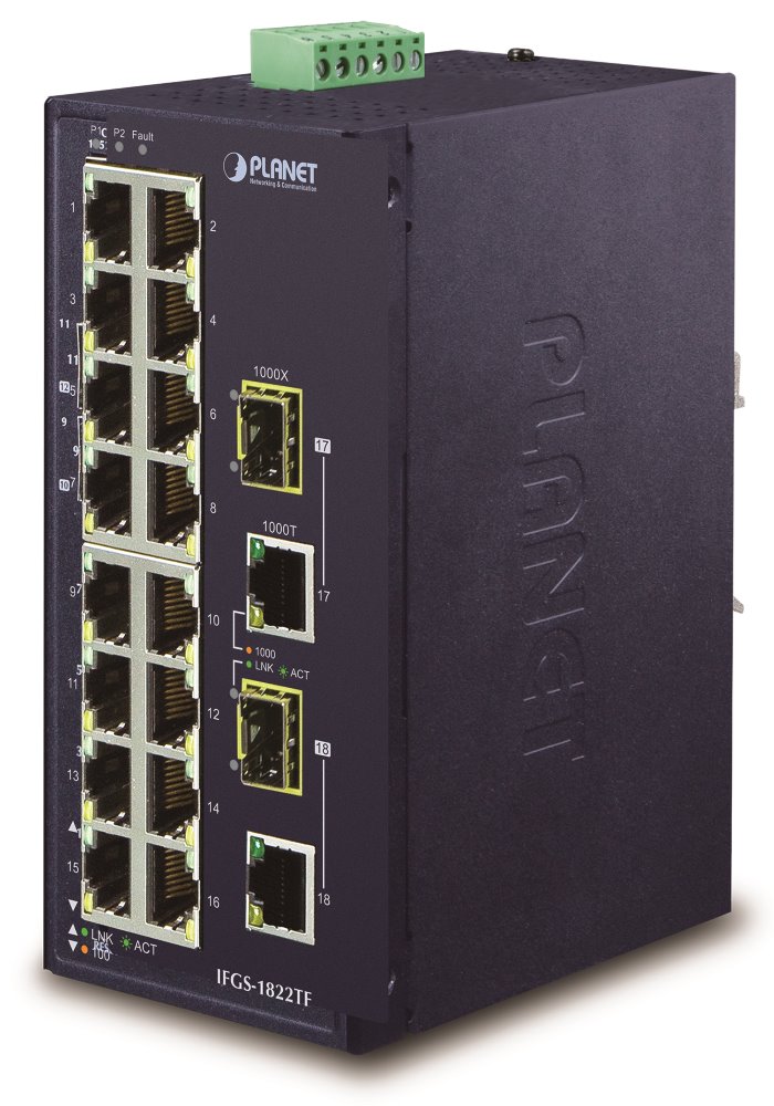 Planet IFGS-1822TF, průmyslový switch 16x 100Base-TX, 2x SFP/2x 1000Base-X, -40 až 75st.C, 12-48VDC