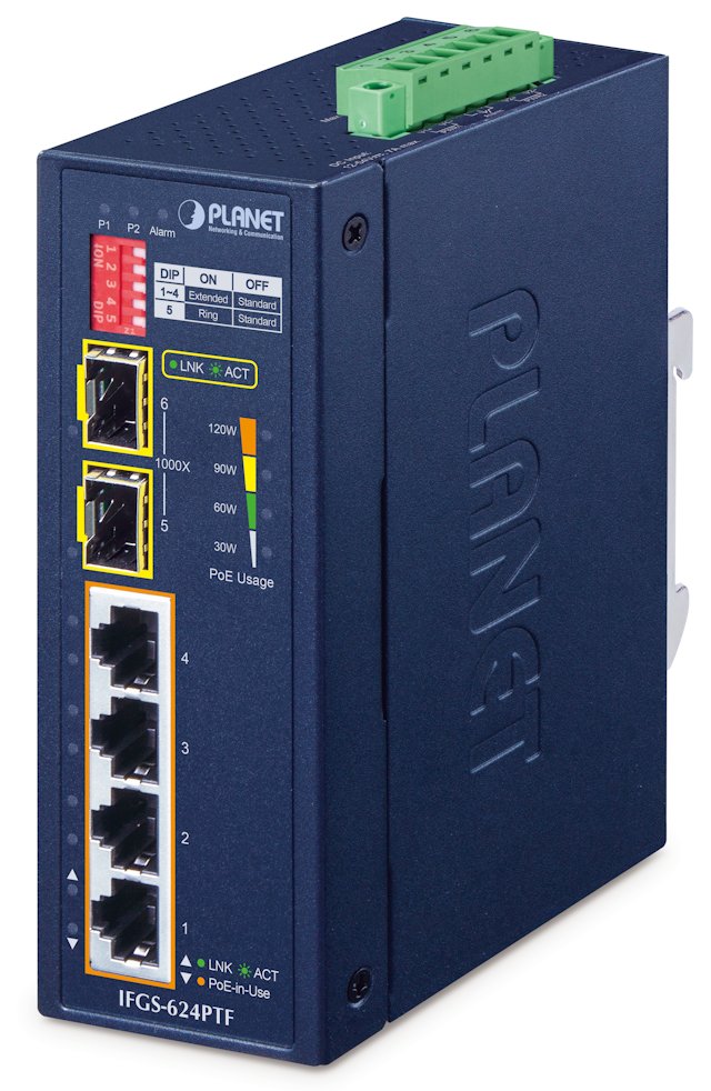 Planet IFGS-624PTF průmyslový L2 switch, 4x 10/100, 2x 1Gb SFP, 4x 802.3at PoE, -40~75°C, 12-54VDC, IP40, fanless, RING