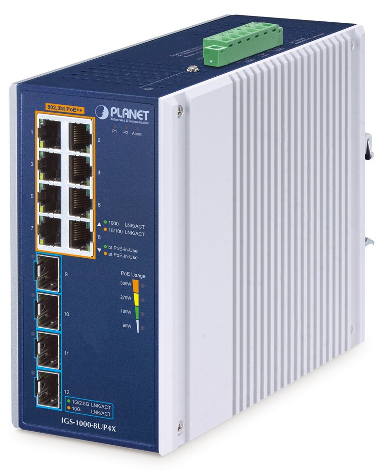 Planet IGS-1000-8UP4X průmyslový L2 switch, 8x1Gb, 4x10Gb SFP+,8x PoE 802.3bt 240W, -40~75°C, dual 48-54VDC,IP30,fanles