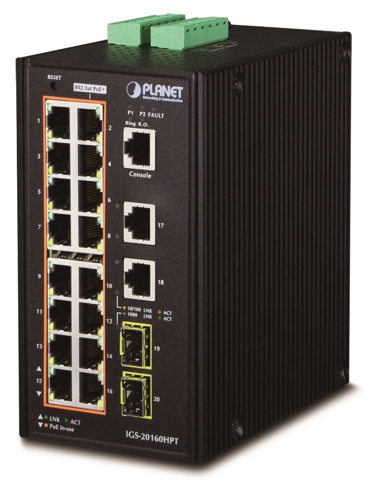 Planet IGS-20160HP, 18X 1000BASE-T, 16X POE<320W, 2X SFP, L3, DIN,IP30, -40 AŽ 75°C, WEB/SNMPV3, I/O IGS-20160HPT