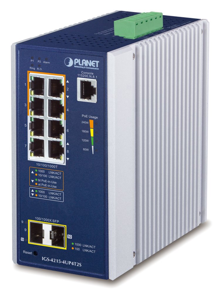 Planet IGS-4215-4UP4T2S průmyslový L2 switch, 8x1Gb, 2x1Gb SFP, 4x PoE 802.3bt 240W, 48-54VDC, -40~75°C, IP30